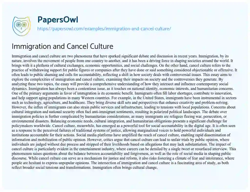 Essay on Immigration and Cancel Culture
