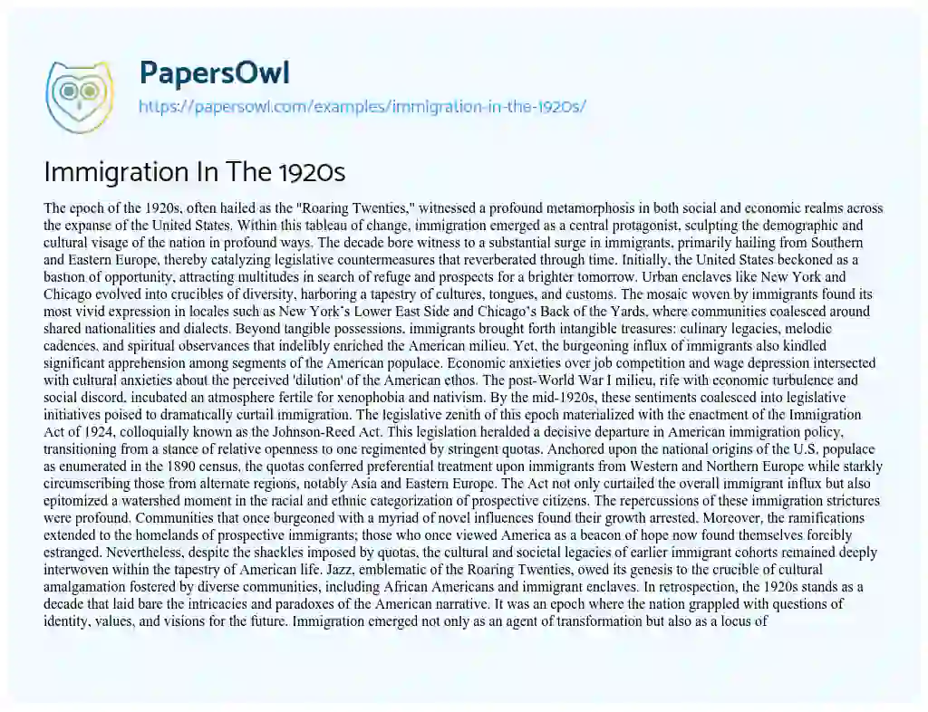 Essay on Immigration in the 1920s