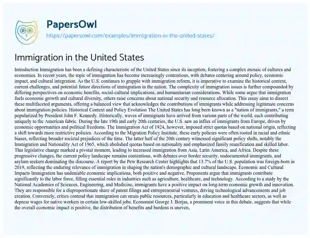 Essay on Immigration in the United States