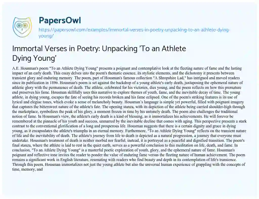 Essay on Immortal Verses in Poetry: Unpacking ‘To an Athlete Dying Young’