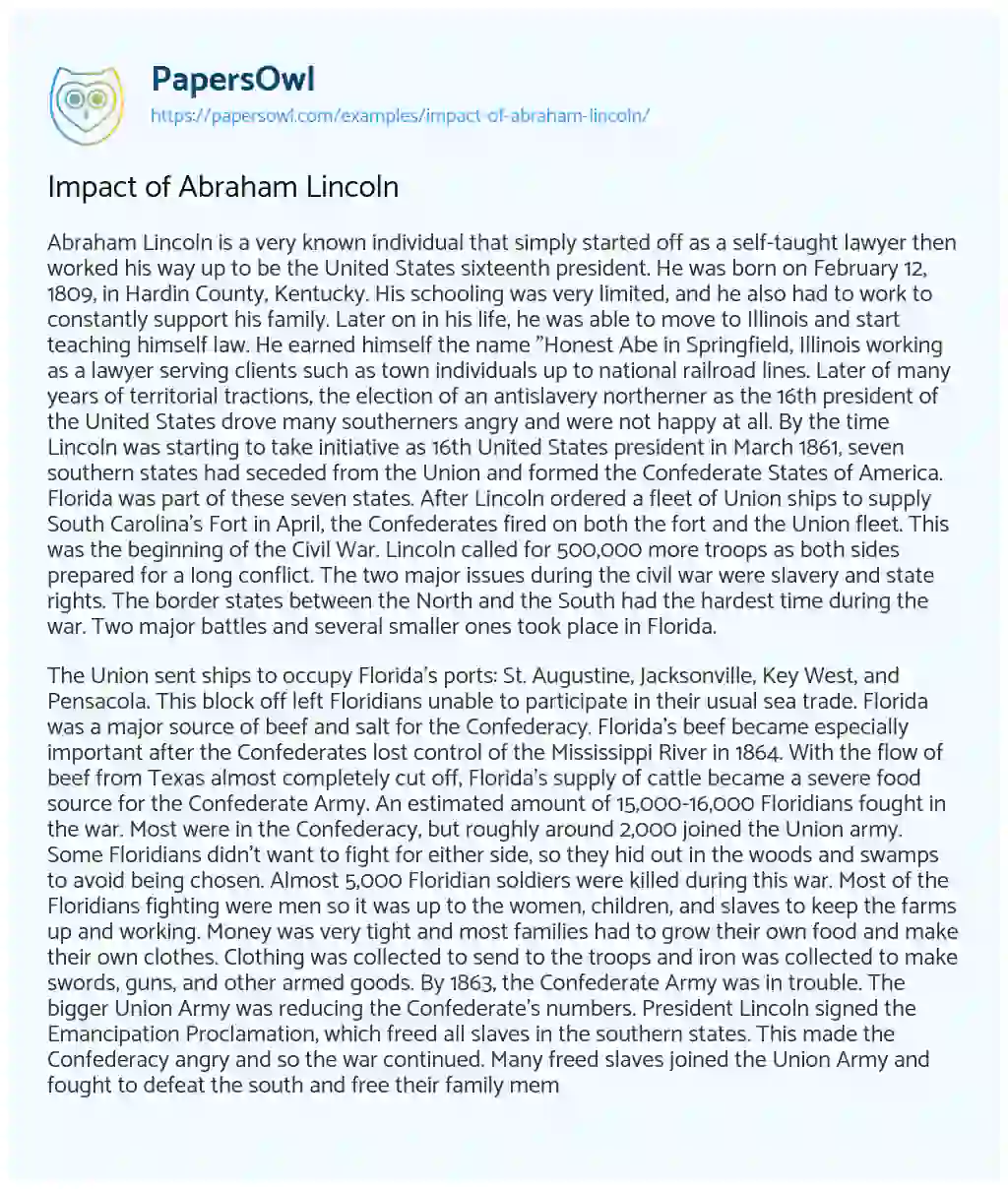 Essay on Impact of Abraham Lincoln