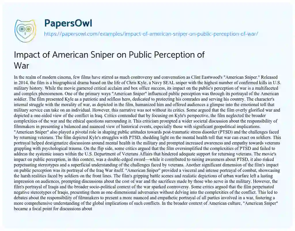 Essay on Impact of American Sniper on Public Perception of War