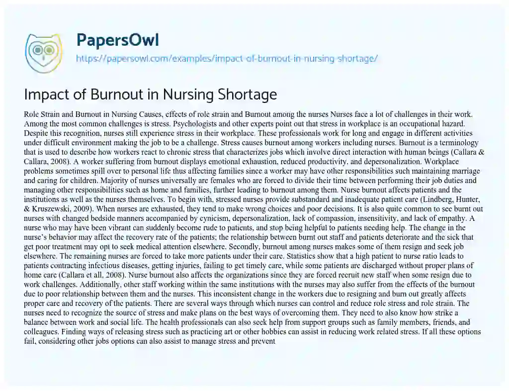 Essay on Impact of Burnout in Nursing Shortage