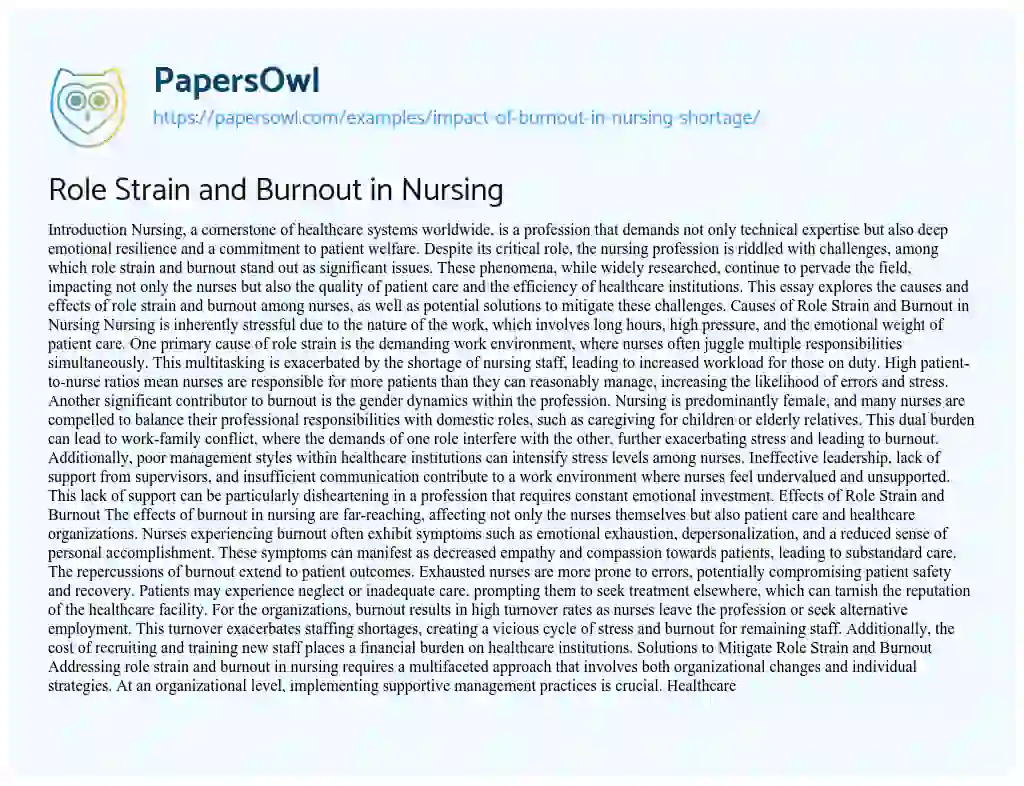 Essay on Impact of Burnout in Nursing Shortage