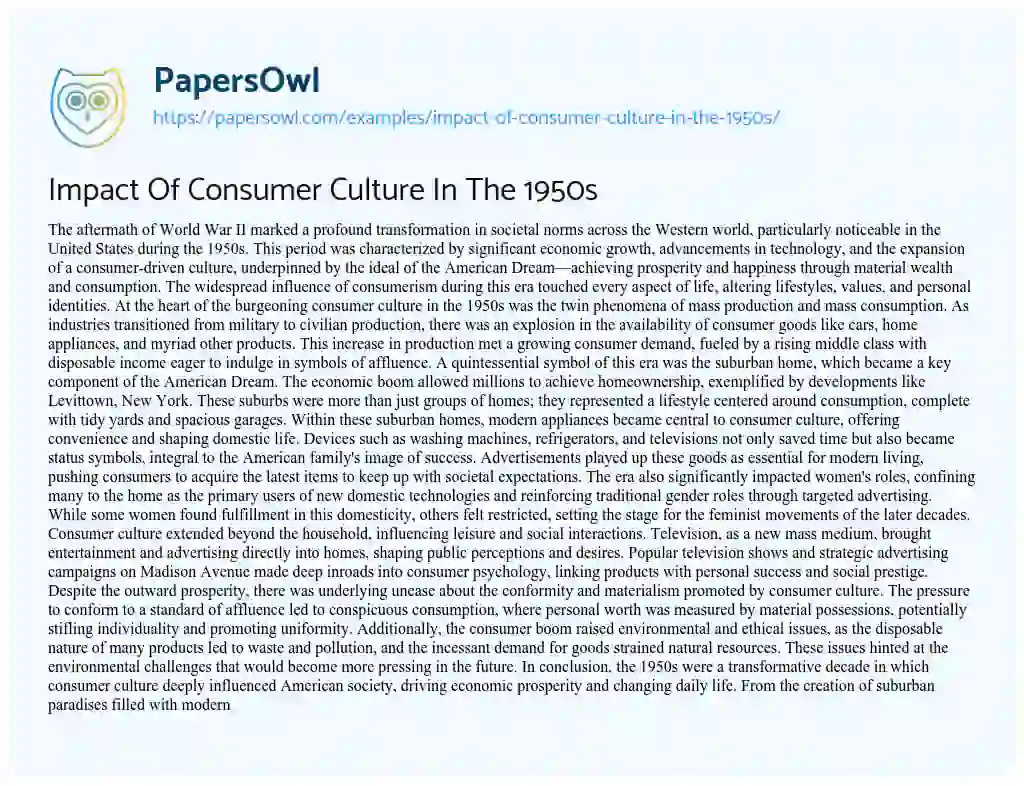 Essay on Impact of Consumer Culture in the 1950s