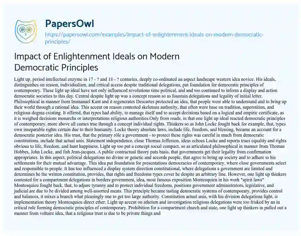 Essay on Impact of Enlightenment Ideals on Modern Democratic Principles