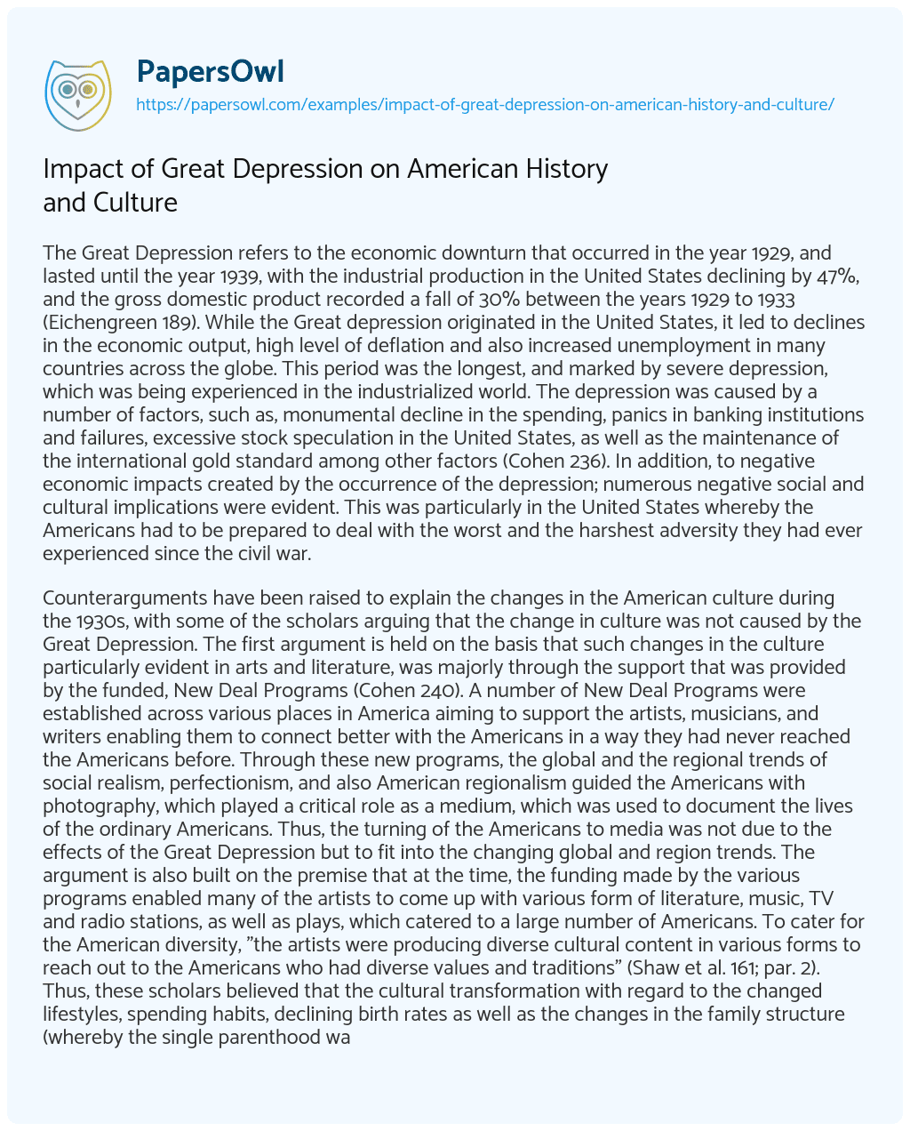 Impact of Great Depression on American History and Culture Impact of Great Depression on American History and Culture essay