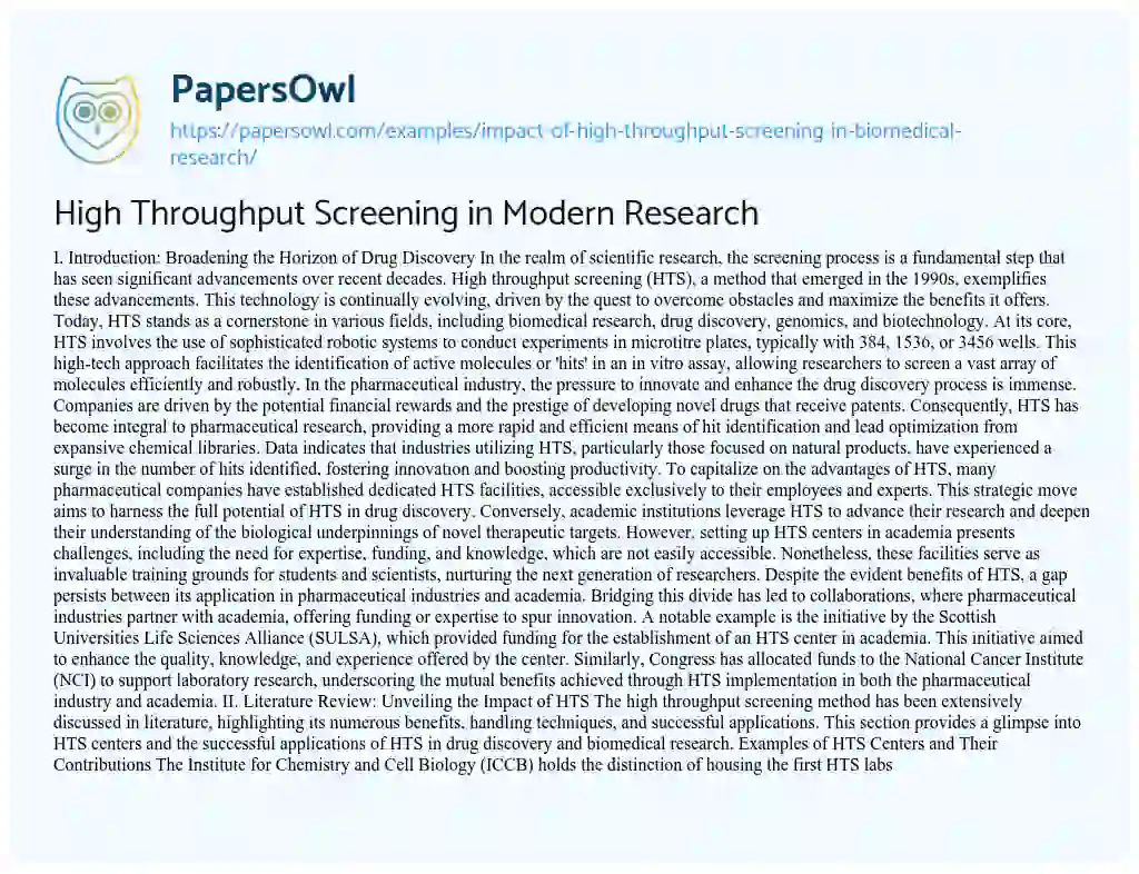 Essay on Impact of High Throughput Screening in Biomedical Research