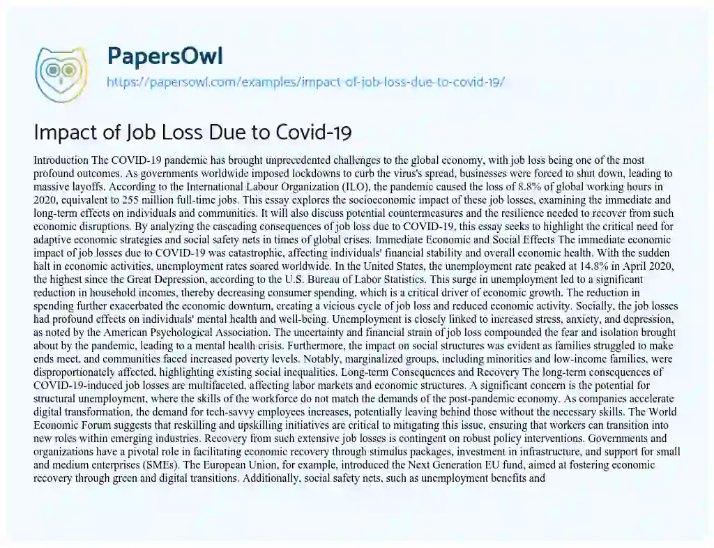 Essay on Impact of Job Loss Due to Covid-19