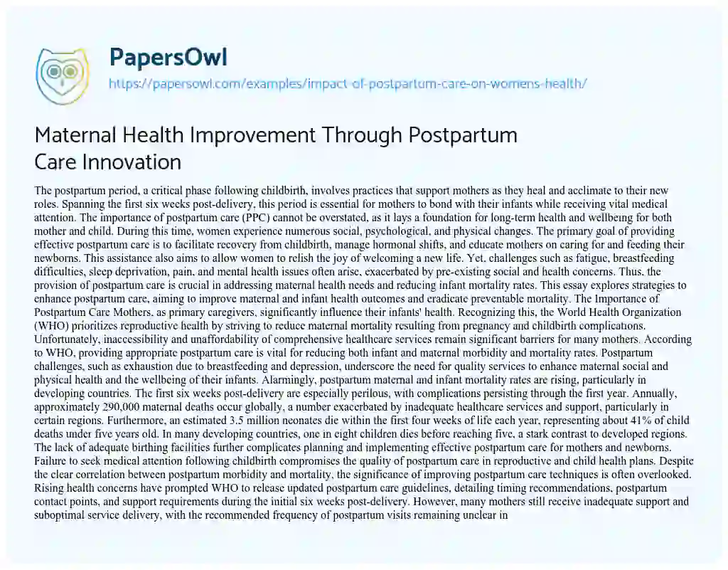 Essay on Impact of Postpartum Care on Women’s Health