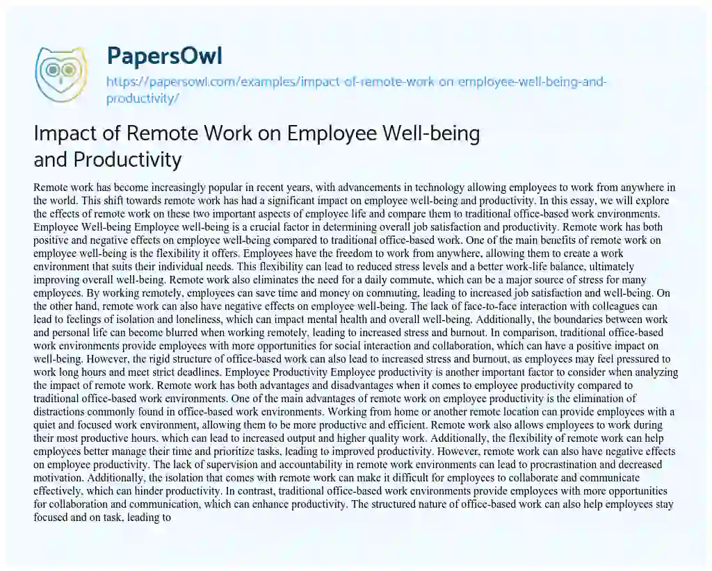 Essay on Impact of Remote Work on Employee Well-being and Productivity