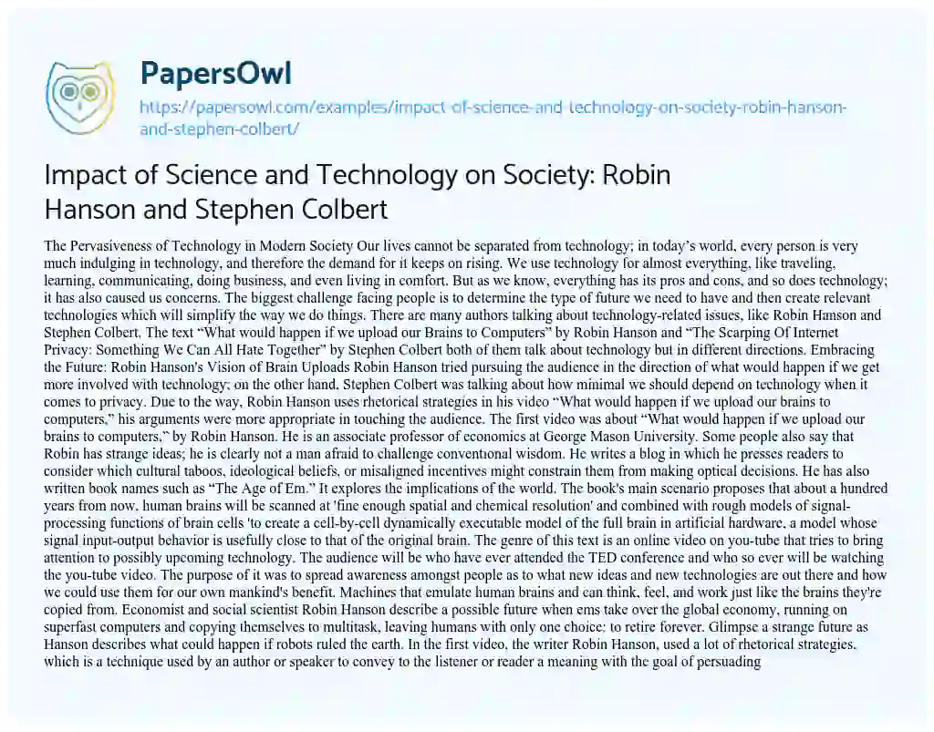Essay on Impact of Science and Technology on Society: Robin Hanson and Stephen Colbert