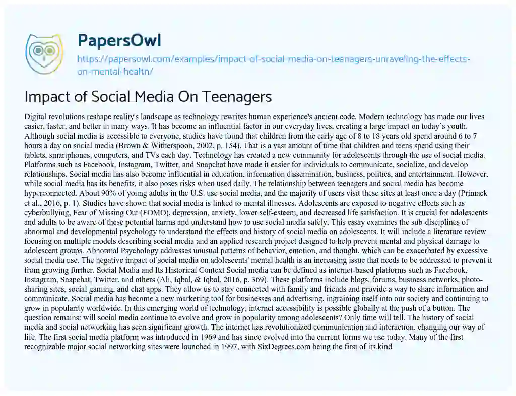 Essay on Impact of Social Media on Teenagers: Unraveling the Effects on Mental Health