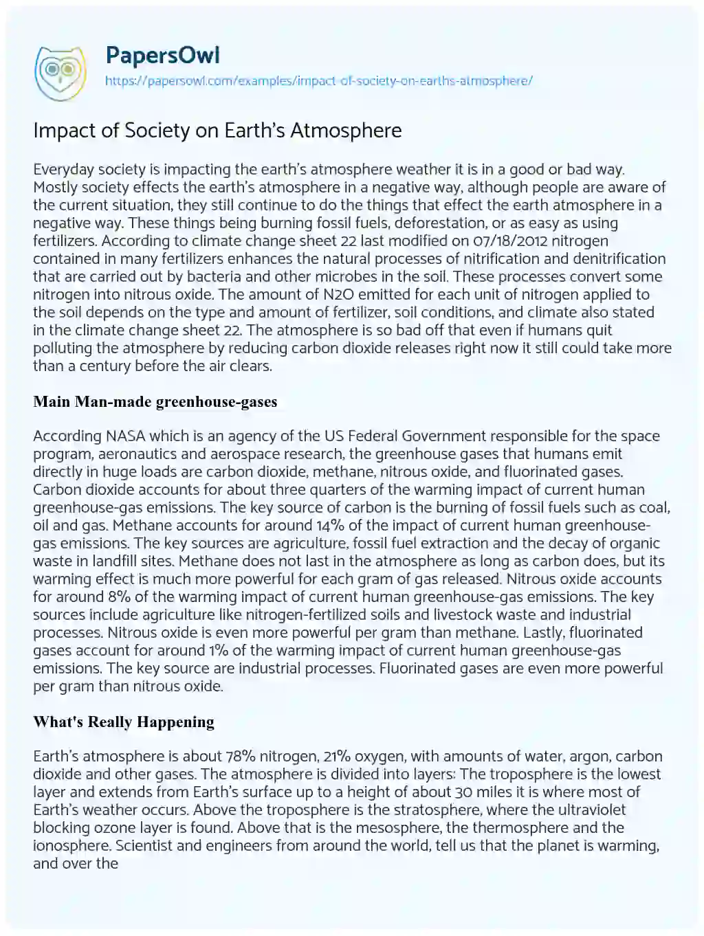 Essay on Impact of Society on Earth’s Atmosphere