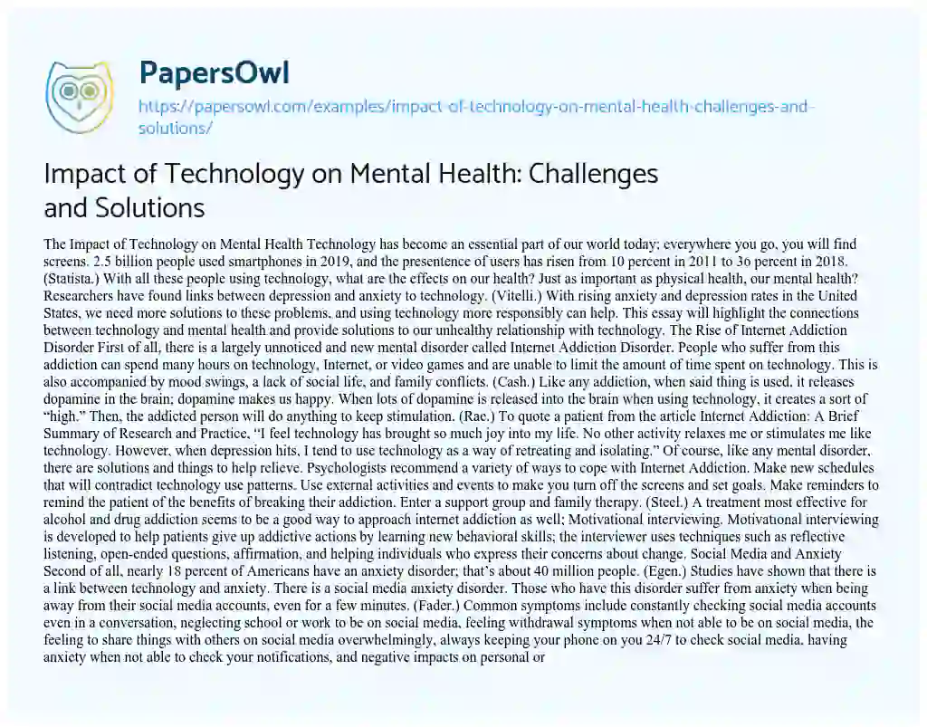 Essay on Impact of Technology on Mental Health: Challenges and Solutions