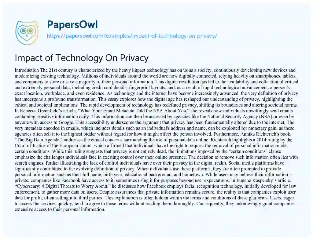 Essay on Impact of Technology on Privacy