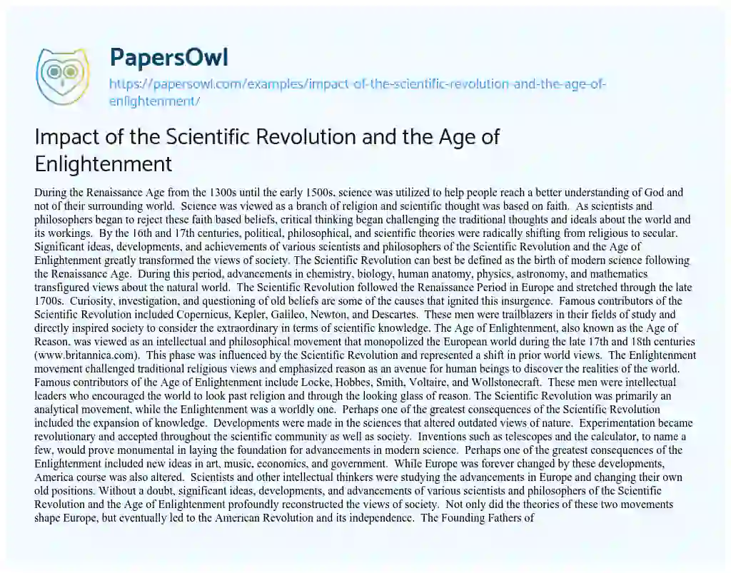Essay on Impact of the Scientific Revolution and the Age of Enlightenment