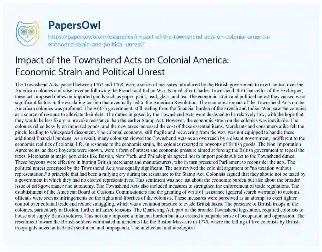 Essay on Impact of the Townshend Acts on Colonial America: Economic Strain and Political Unrest