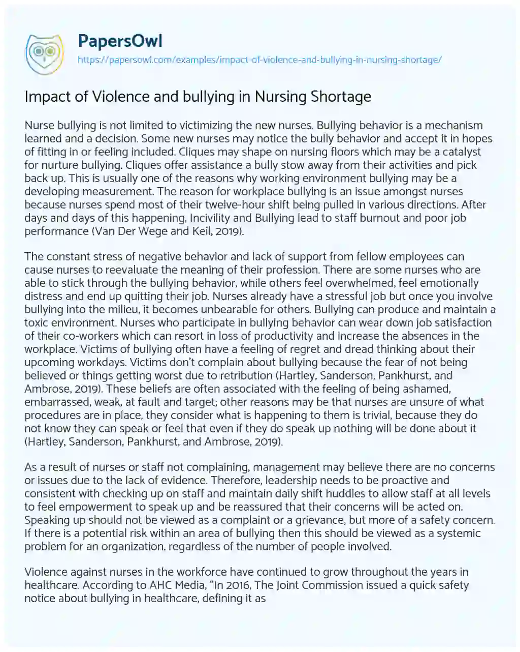 Essay on Impact of Violence and Bullying in Nursing Shortage