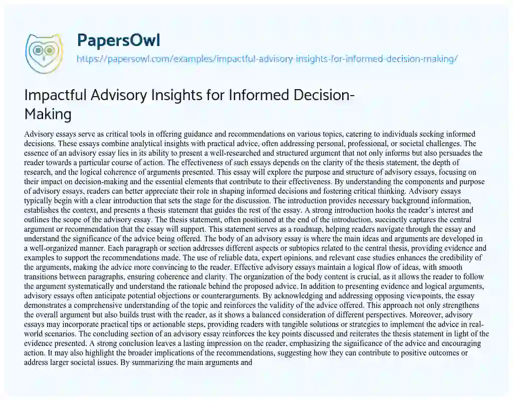 Essay on Impactful Advisory Insights for Informed Decision-Making