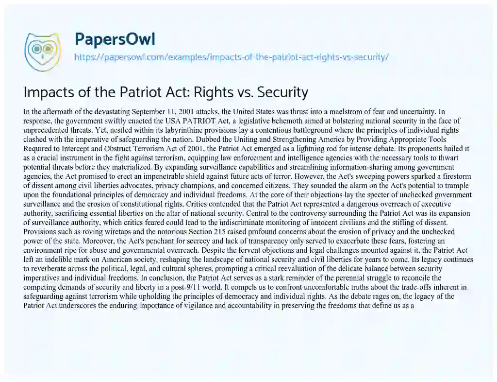 Essay on Impacts of the Patriot Act: Rights Vs. Security