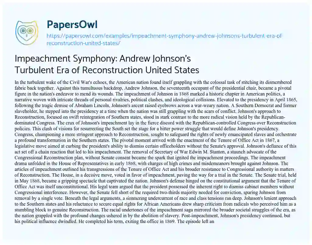 Essay on Impeachment Symphony: Andrew Johnson’s Turbulent Era of Reconstruction United States