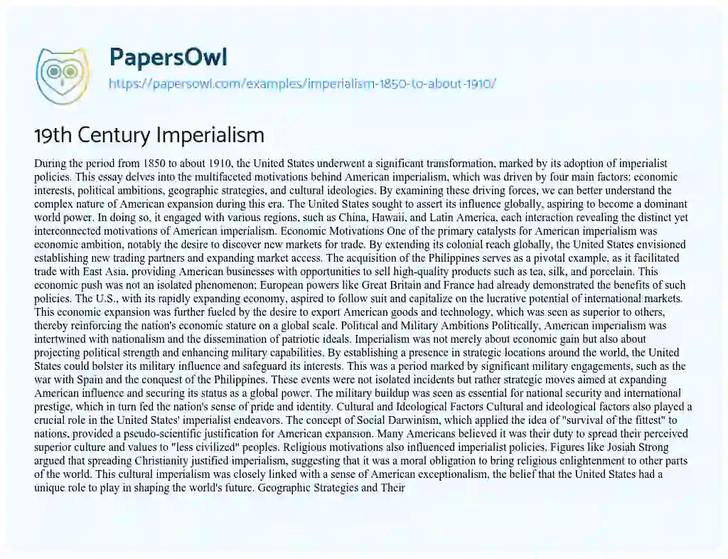 Essay on Imperialism – 1850 to about 1910