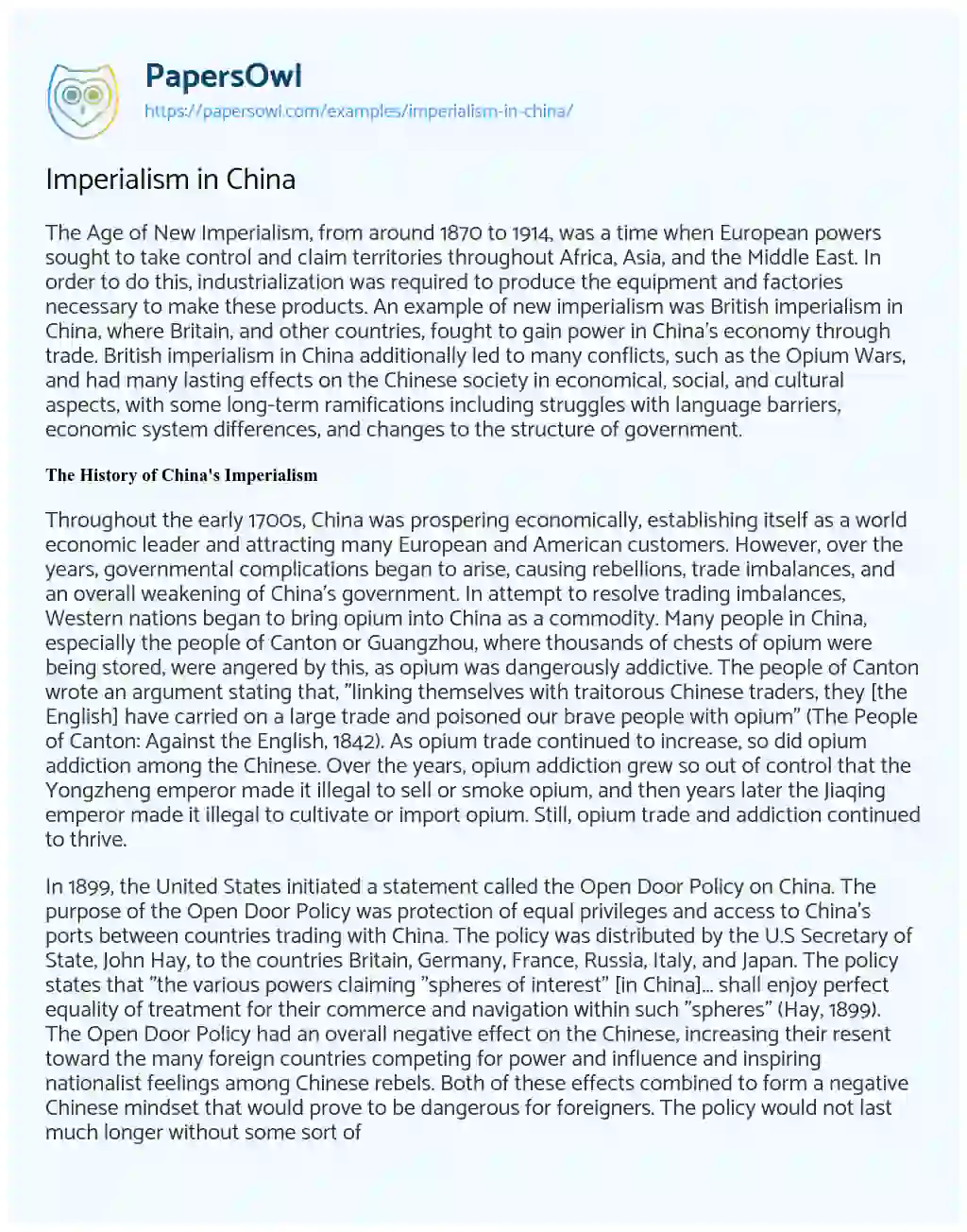 Essay on Imperialism in China