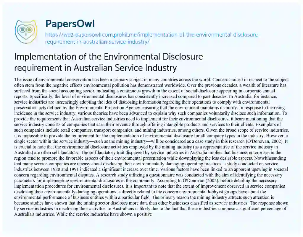 Essay on Implementation of the Environmental Disclosure Requirement in Australian Service Industry