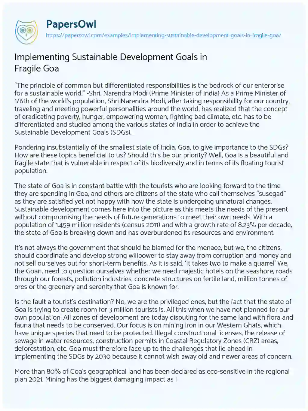 Essay on Implementing Sustainable Development Goals in Fragile Goa
