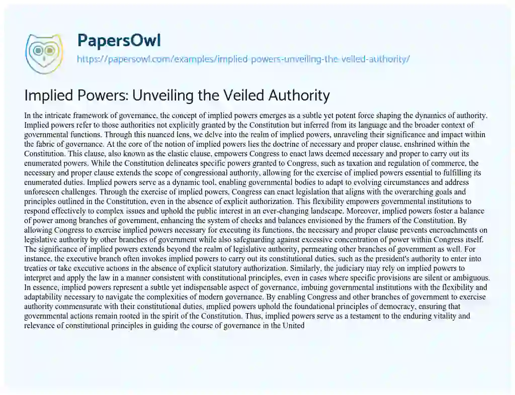 Essay on Implied Powers: Unveiling the Veiled Authority