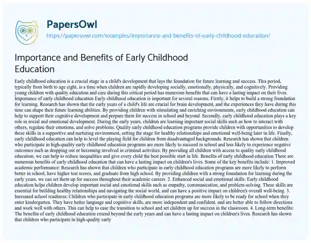 Essay on Importance and Benefits of Early Childhood Education
