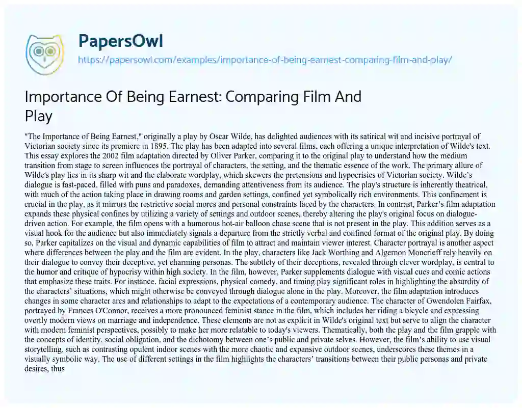 Essay on Importance of being Earnest: Comparing Film and Play