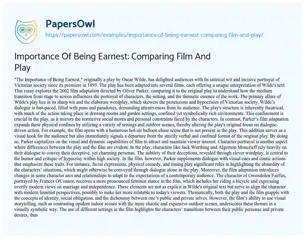 Essay on Importance Of Being Earnest: Comparing Film And Play