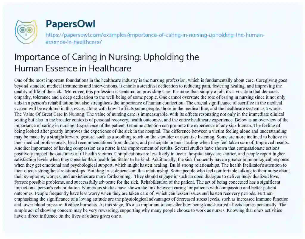 Essay on Importance of Caring in Nursing: Upholding the Human Essence in Healthcare