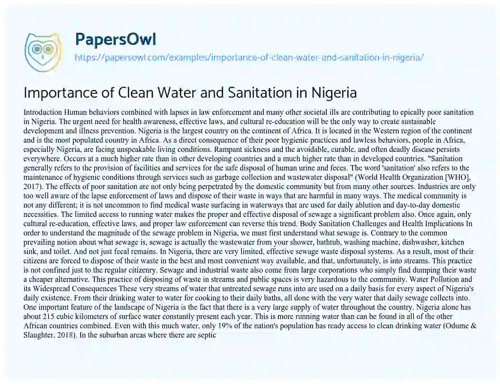 Essay on Importance of Clean Water and Sanitation in Nigeria