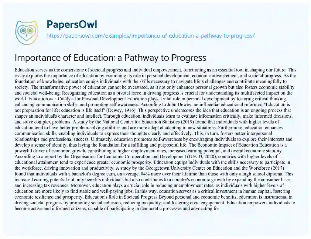 Essay on Importance of Education: a Pathway to Progress