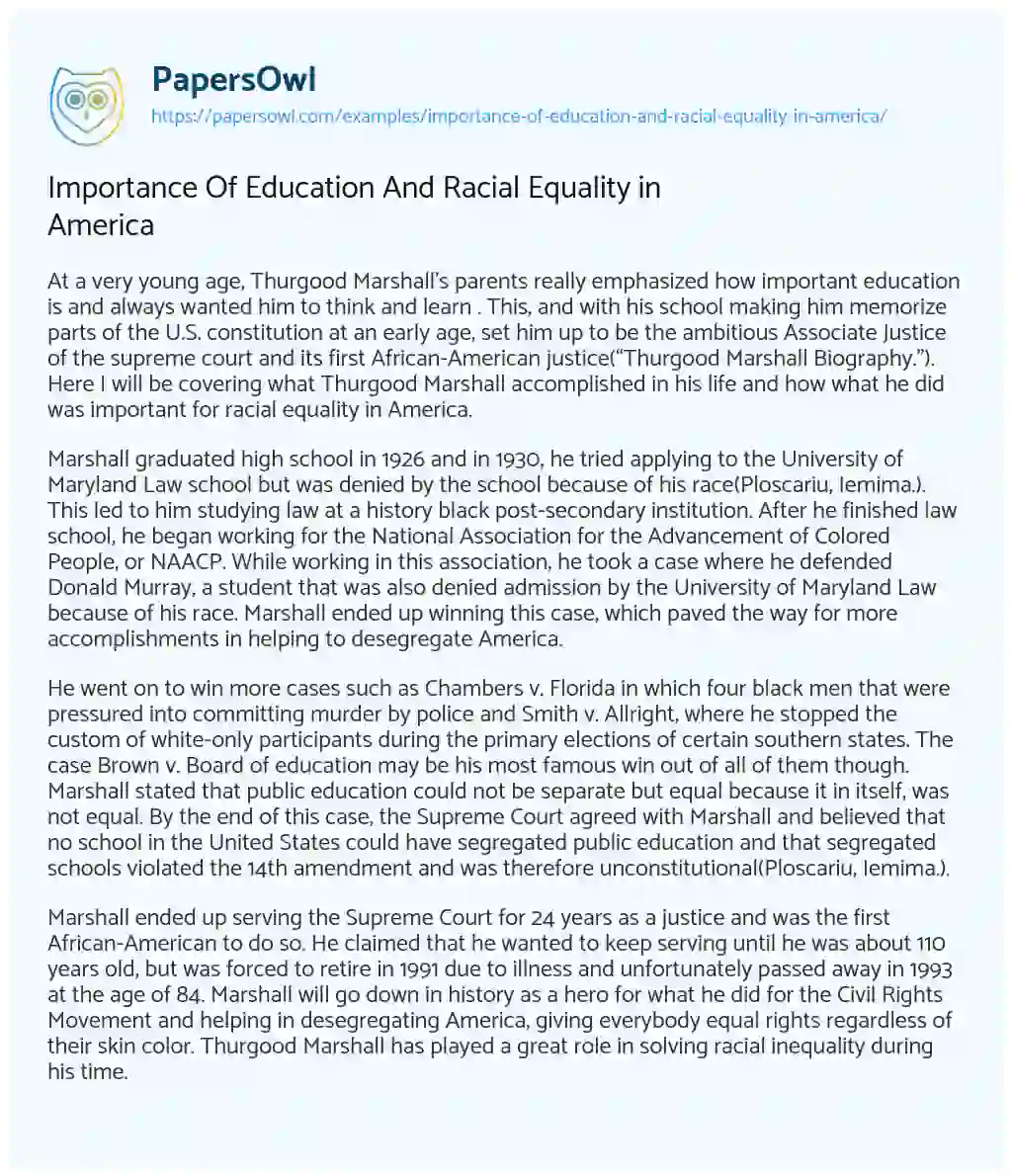 Essay on Importance of Education and Racial Equality in America