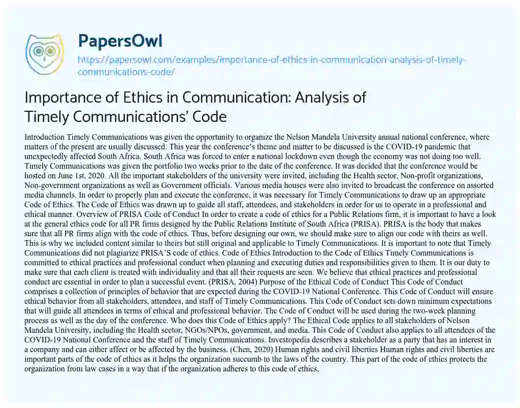 Essay on Importance of Ethics in Communication: Analysis of Timely Communications’ Code