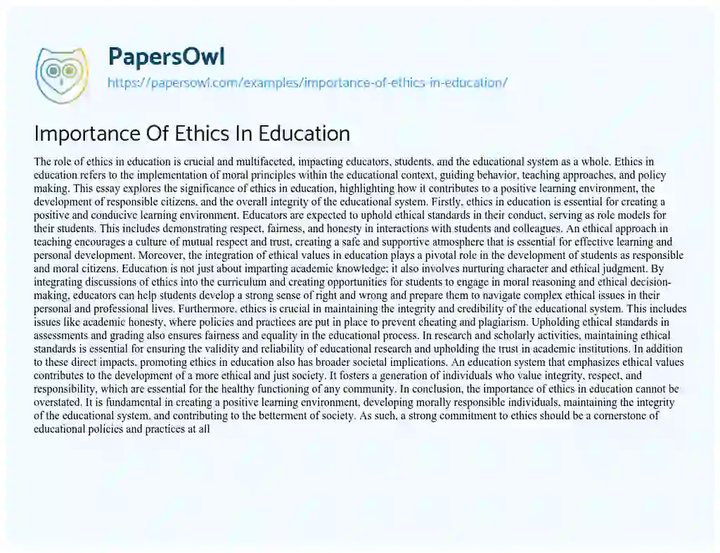 Essay on Importance of Ethics in Education