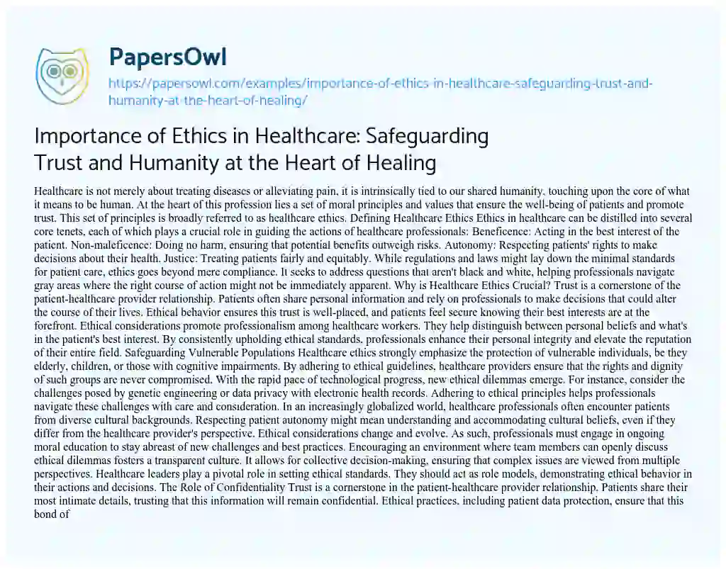 Essay on Importance of Ethics in Healthcare: Safeguarding Trust and Humanity at the Heart of Healing