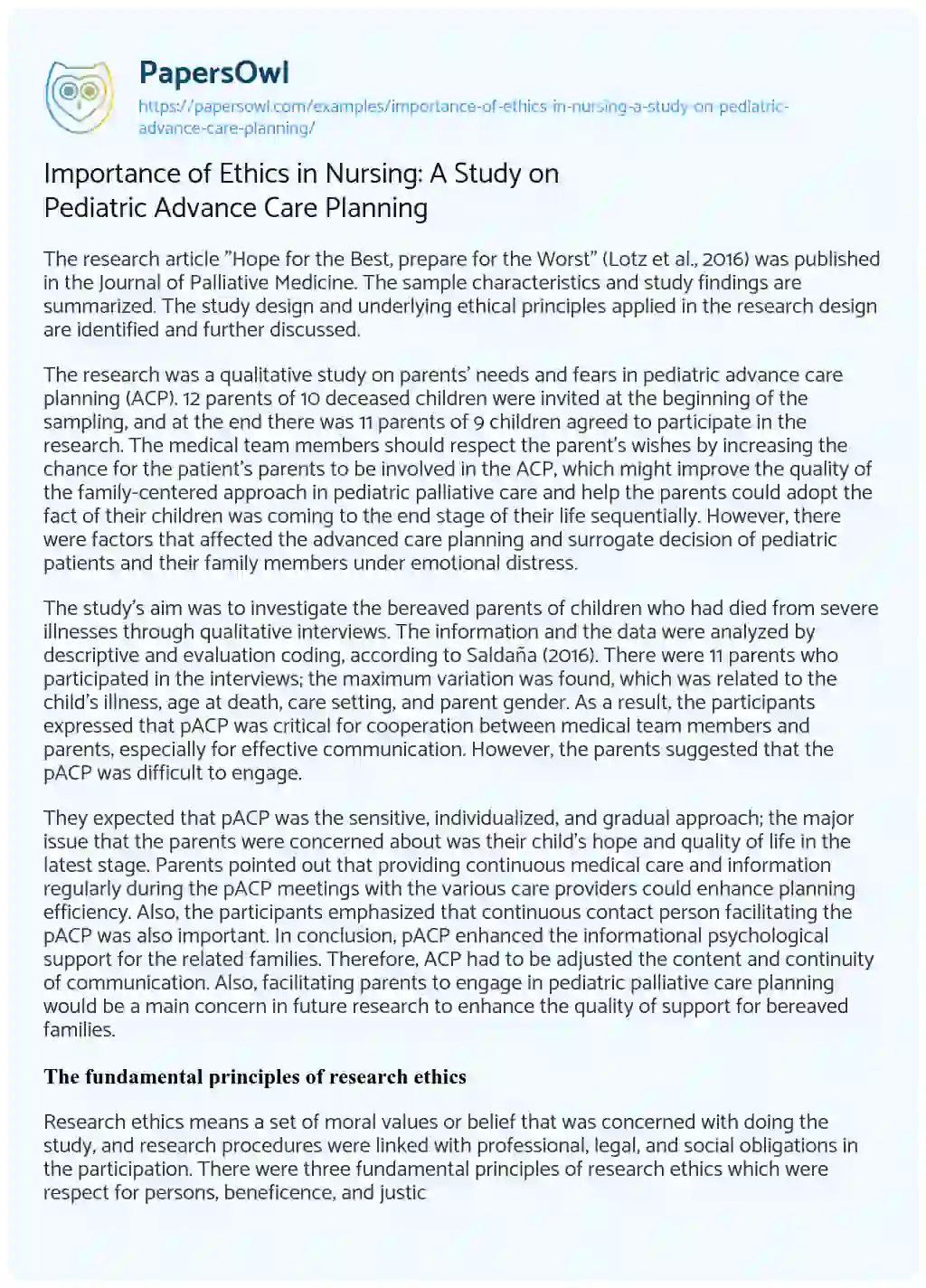 Essay on Importance of Ethics in Nursing: a Study on Pediatric Advance Care Planning
