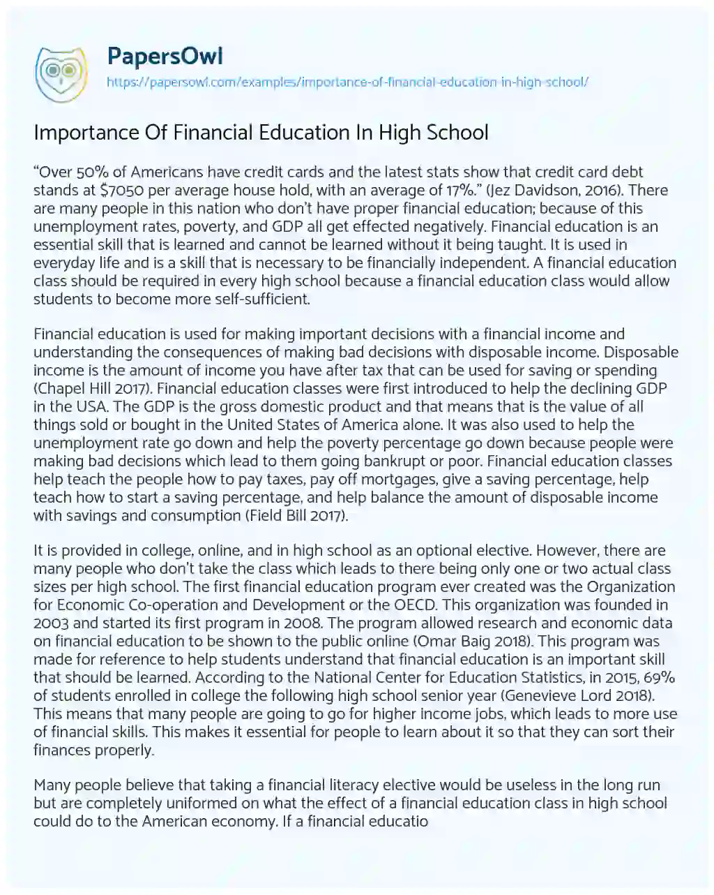 Essay on Importance of Financial Education in High School