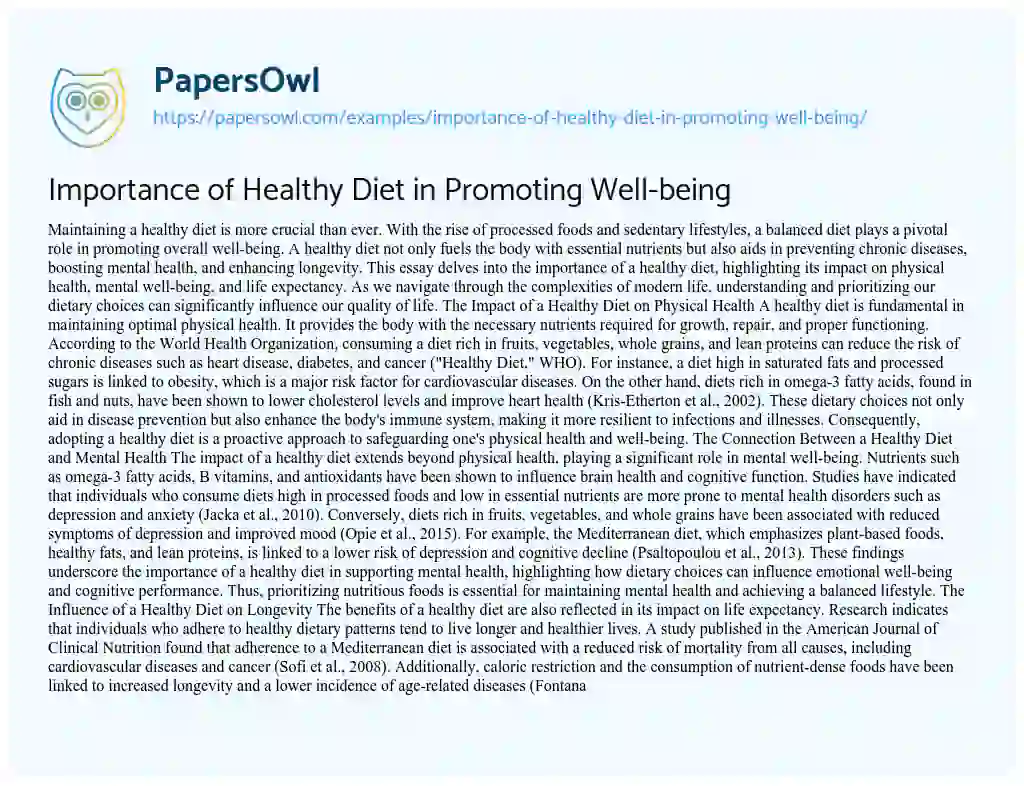Essay on Importance of Healthy Diet in Promoting Well-being