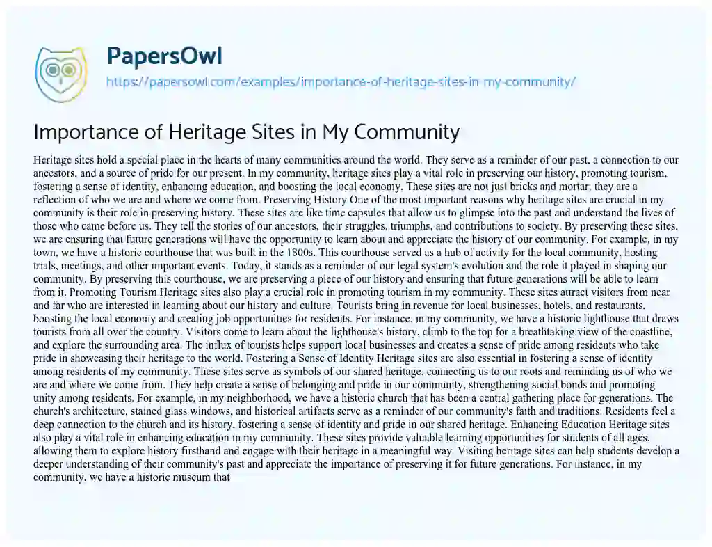 Essay on Importance of Heritage Sites in My Community