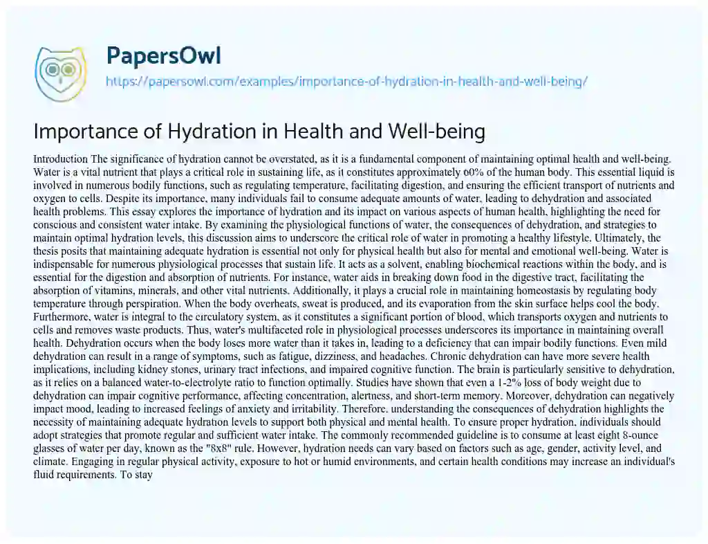 Essay on Importance of Hydration in Health and Well-being