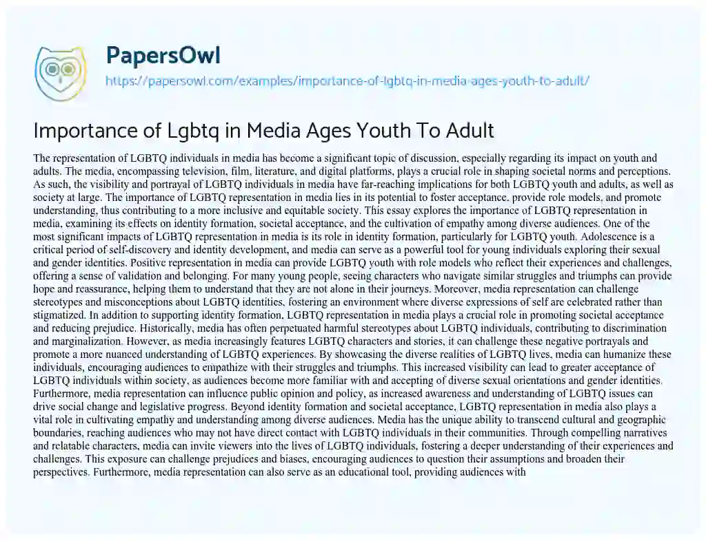 Essay on Importance of Lgbtq in Media Ages Youth To Adult