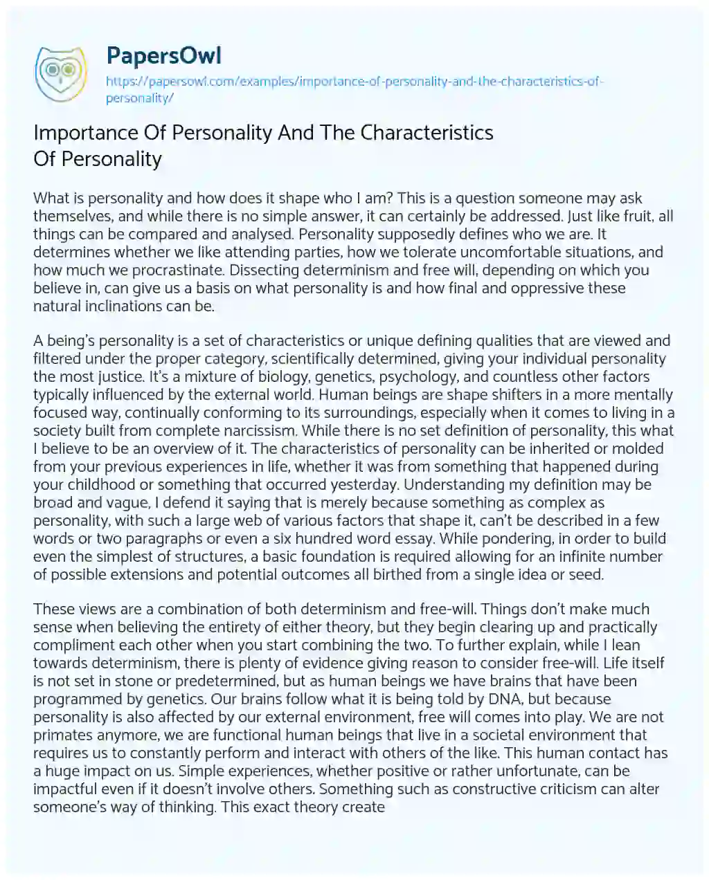Essay on Importance of Personality and the Characteristics of Personality