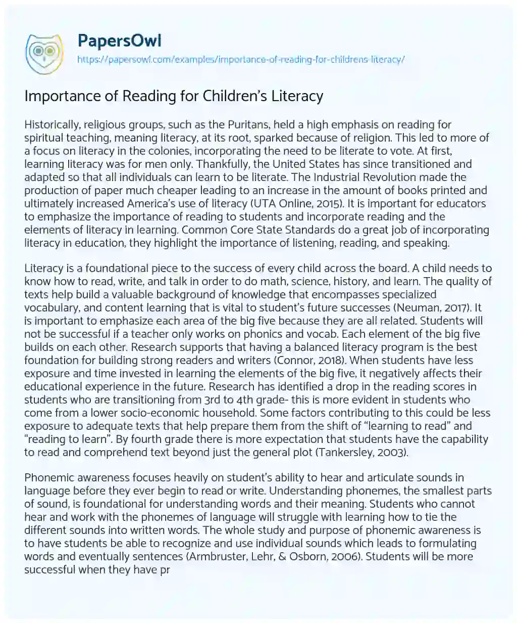 Essay on Importance of Reading for Children’s Literacy