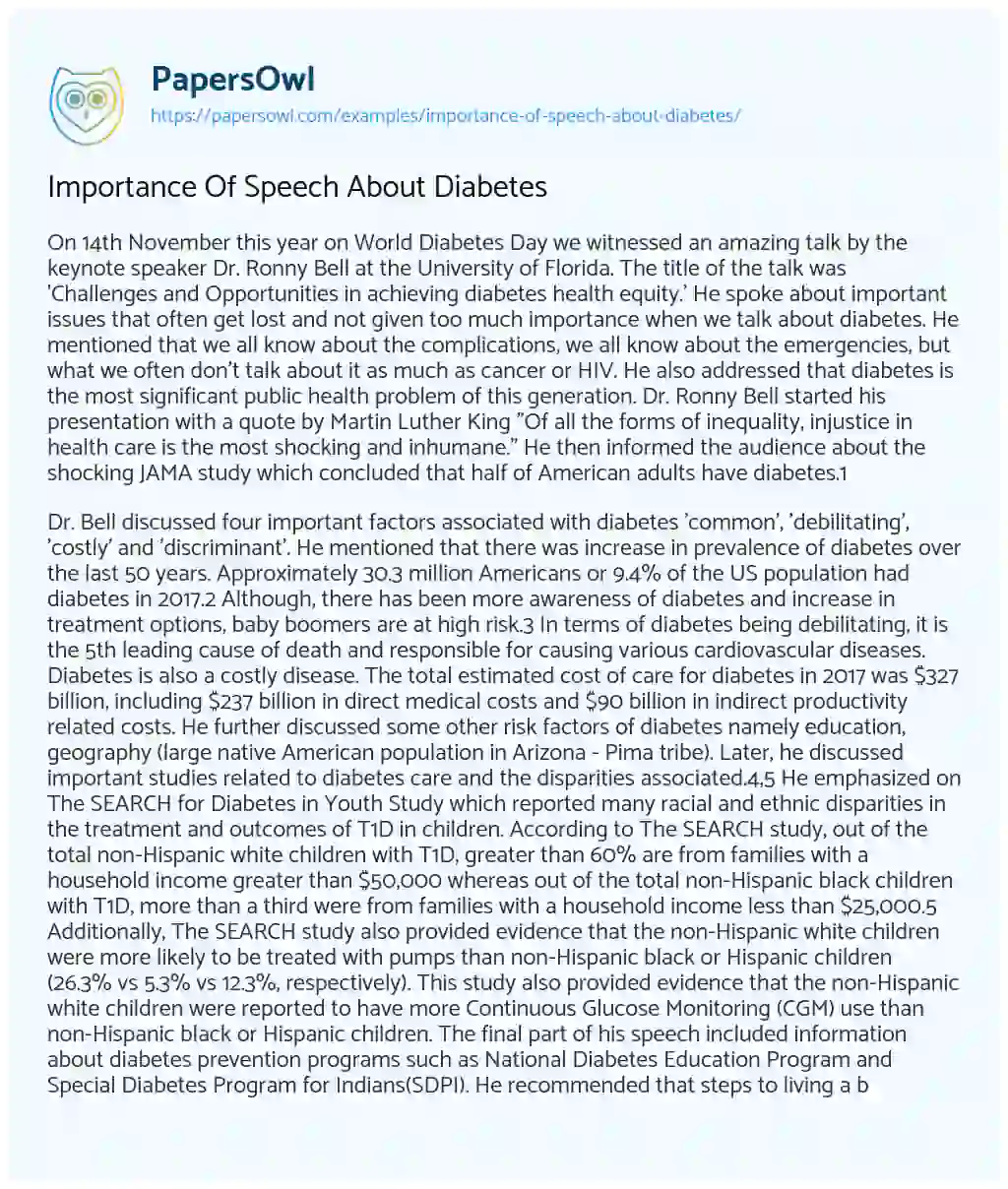 Essay on Importance of Speech about Diabetes